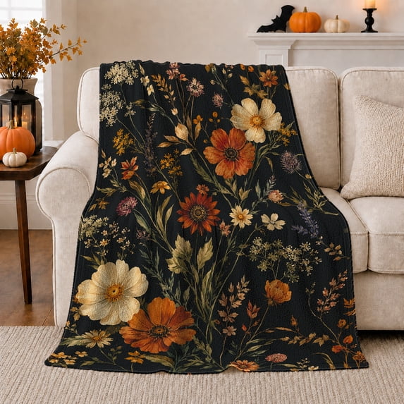 Vintage Autumnal Floral Arrangement Dark Background Botanical, Cozy Friendship Quote Scene, Warm Flannel Blanket for Living Room and Reading Nook, Art Lovers Friendship Gift, Artistic Home Decor
