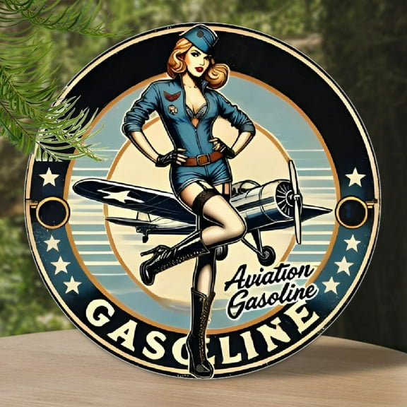 Vintage Aviation Gasoline Aluminum Sign, 7.87inch Round Retro Fuel Attendant Metal Plaque, Engraved Wreath Accessory, Ideal for Garage Wall Decor, Entryway, and Room Wall Hangings - Pack of 1