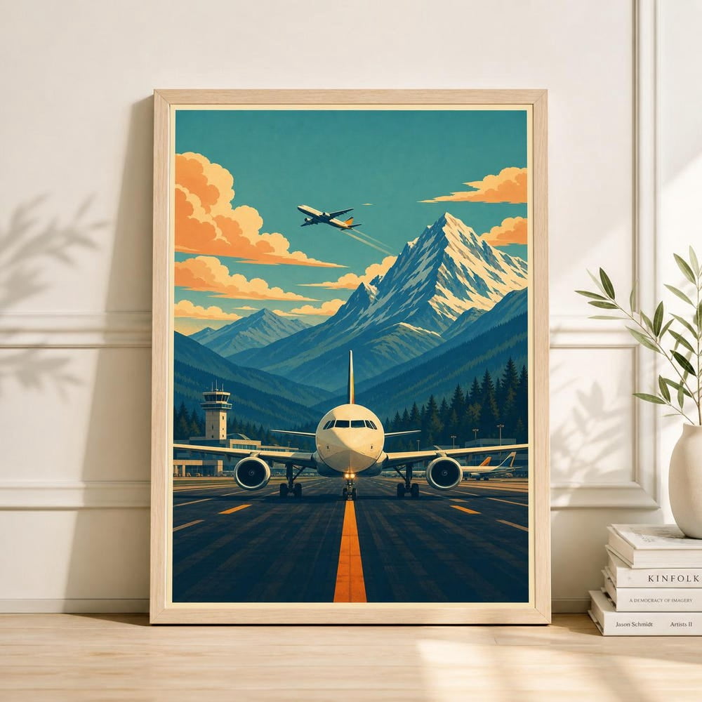 Pyjamas At Jet Vintage Aviation Poster, Commercial Jet At Mountain Airport, Vector ...