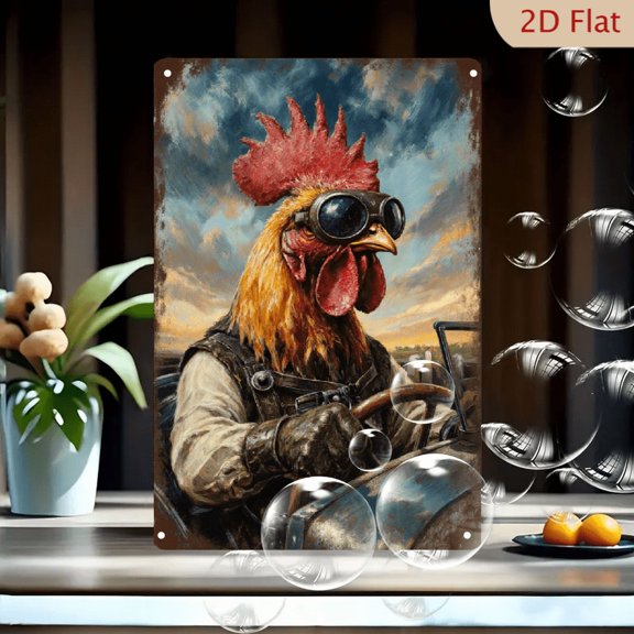 Vintage Aviator Rooster Art, 8x12 Inch Metal Wall Decor, Oil Painting Style Pilot Bird with Goggles in Cockpit Sky Sunset Scene, Rustic Farmhouse Home Office Decoration