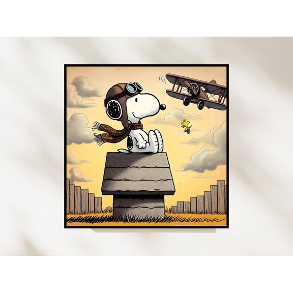 Vintage Aviator Snoopy Flying Ace Cartoon Dog Sitting on Doghouse Airplane Sky Poster 8x12 UNFRAMED