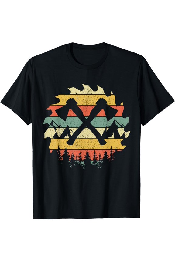 Vintage Axe Throwing Retro Outdoor Crossed Axes Saw Blade T-ShirtMen and women can wear, black T-shirts, gifts. Age: M,L,XL 2XL, 3XL, 1268XL