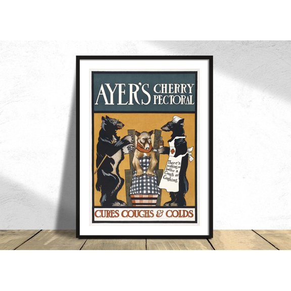 Vintage Ayers Cherry Pectoral Poster Edward Penfield Advertisement Poster Art Nouveau Reproduction Old Illustration, Unframed Paper Poster 8x10in