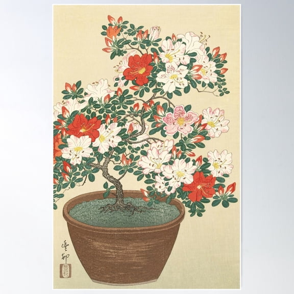 Vintage Azalea Japanese Floral Woodblock Print Poster Wall Art, Modern Wall Decor For Living Room Bedroom, 24x36 UNFRAMED