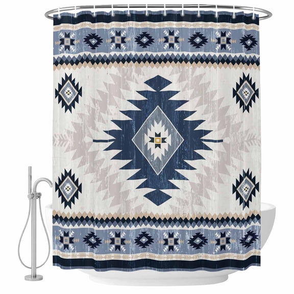 Vintage Aztec Bathroom Shower Curtains with Hooks, Ethnic Tribal Style Navy Blue Mottled Geometric Waterproof Fabric Washable Shower Curtain for Home Hotel Bathtub Decor 60x72 Inch