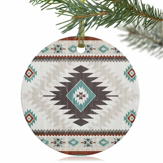 Vintage Aztec Boho Tribal Pattern Christmas Ceramic Ornament 2025,3" Round Xmas Tree Hanging Accessories with Gold Ribbon
