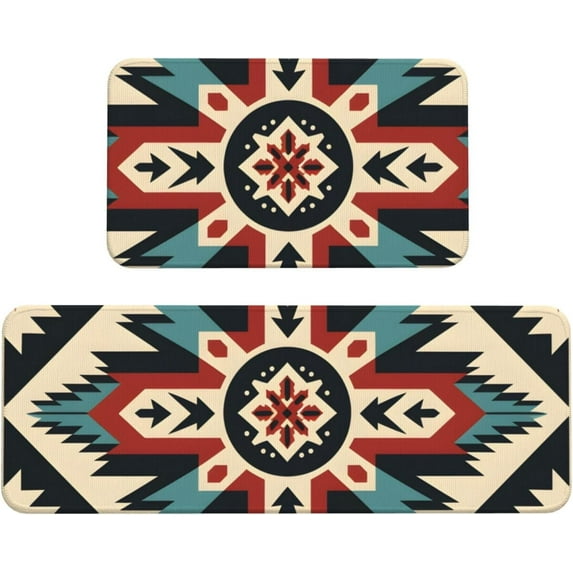 Vintage Aztec Flower Kitchen Mats for Floor, Ethnic Geometric Kitchen Rug Runner Non-Slip Kitchen Mats and Rugs 2PCS Absorbent Standing Mats for Office Desk Sink