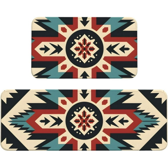 Vintage Aztec Flower Kitchen Mats for Floor, Ethnic Geometric Kitchen Rug Runner Non-Slip Kitchen Mats and Rugs 2PCS Absorbent Standing Mats for Office Desk Sink