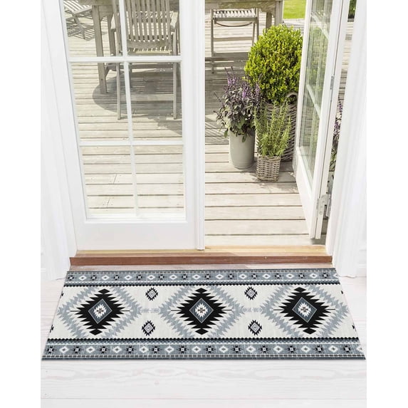 Vintage Aztec Front Door Mat Ethnic Tribal Style Blue Grey Mottled Geometric Welcome Doormat Indoor Outdoor Entrance Floor Mat Non-Slip Washable Runner Rug for Front Porch Decor 16x47 Inch