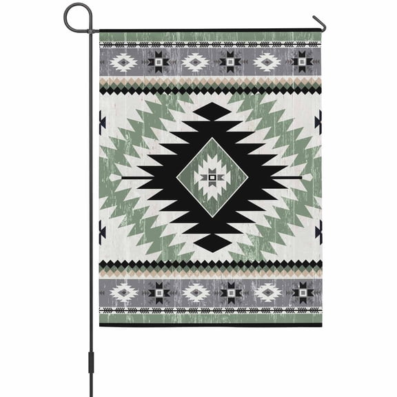 Vintage Aztec Garden Flag 12 x 18 Inches, Ethnic Tribal Style Green Grey Mottled Geometric Weather Proof Outdoor Patio Flags Double Sided Small Garden Decoration for Yard Outside Home