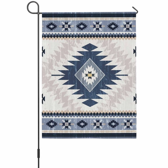 Vintage Aztec Garden Flag 12 x 18 Inches, Ethnic Tribal Style Navy Blue Mottled Geometric Weather Proof Outdoor Patio Flags Double Sided Small Garden Decoration for Yard Outside Home