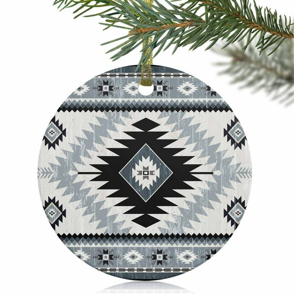 Vintage Aztec Geometric Pattern Christmas Ceramic Ornament 2025,3" Round Xmas Tree Hanging Accessories with Gold Ribbon