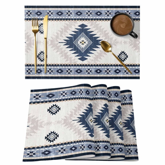 Vintage Aztec Placemats Set of 1, Ethnic Tribal Style Turquoise Mottled Geometric Non-Slip Place Mats Washable Table Mats for Kitchen Dining Table Decorations Indoor/Outdoor