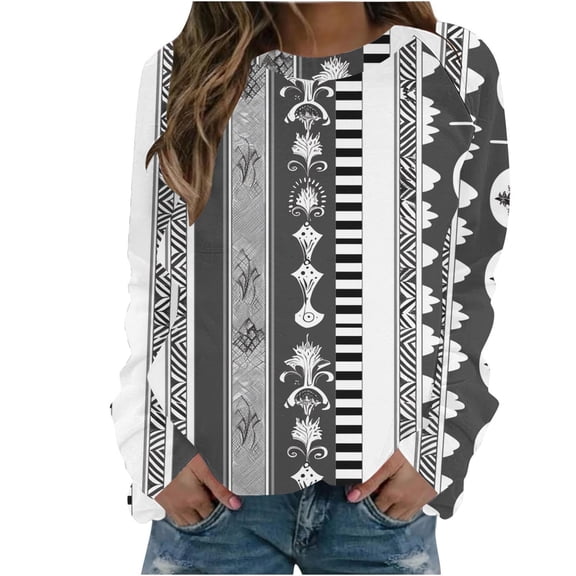 Vintage Aztec Print Western Sweatshirts for Women 2024 Ethnic Retro Pullover Tops Crew Neck Oversized Blouses for Going Out