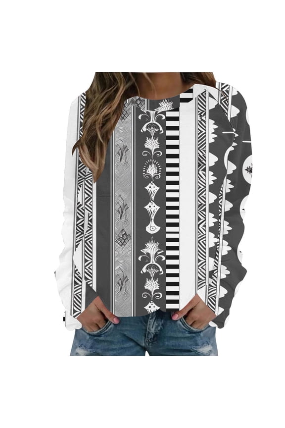 Vintage Aztec Print Western Sweatshirts for Women 2024 Ethnic Retro Pullover Tops Crew Neck Oversized Blouses for Going Out
