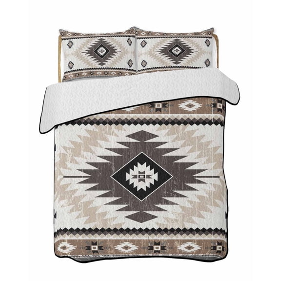 Vintage Aztec Quilts Bedding Set California King Ethnic Tribal Style Brown Mottled Geometric Lightweight Quilted Bedspread 3 Piece Bed Quilt with 2 Pillow Shams All Season for Bedroom 96" x 106"