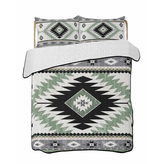 Vintage Aztec Quilts Bedding Set California King Ethnic Tribal Style Green Grey Mottled Geometric Lightweight Quilted Bedspread 3 Piece Bed Quilt with 2 Pillow Shams All Season for Bedroom 96" x 106"