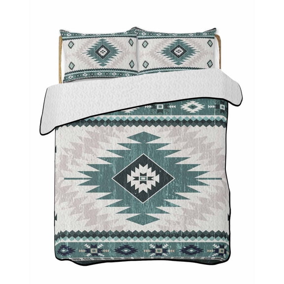 Vintage Aztec Quilts Bedding Set Queen Size Ethnic Tribal Style Turquoise Mottled Geometric Lightweight Quilted Bedspread 3 Piece Bed Quilt with 2 Pillow Shams All Season for Bedroom 78" x 90"