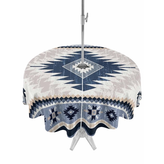 Vintage Aztec Round Outdoor Tablecloth with Umbrella Hole Ethnic Tribal Style Navy Blue Mottled Geometric 54 Inch Round Waterproof Table Cover Zippered Table Cloth for Garden Patio