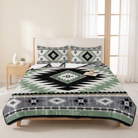 Vintage Aztec Sage Green Geometric 3 Pieces Quilt Set,1 Quilt with 2 Shams,Boho Tribal Southwest Bedspread Soft Lightweight Bedding Coverlet Comforter Set for All Season 96"x106"