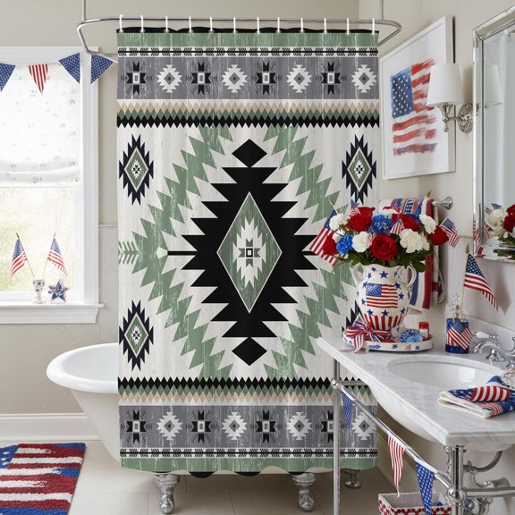 Vintage Aztec Sage Green Geometric Shower Curtain for Bathroom, Boho Tribal Southwest Waterproof Shower Curtains Washable Quick Dry with Hooks Bathtub Curtains 36x72IN