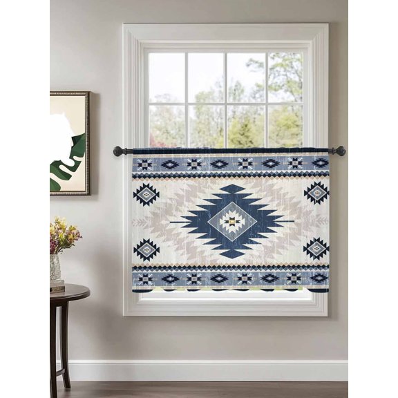 Vintage Aztec Sheer Curtains 45 Inch Long 1 Panel Ethnic Tribal Style Navy Blue Mottled Geometric Rod Pocket Voile Cafe Curtains Light Filtering Small Window Treatments for Kitchen Basement 52" x 45"