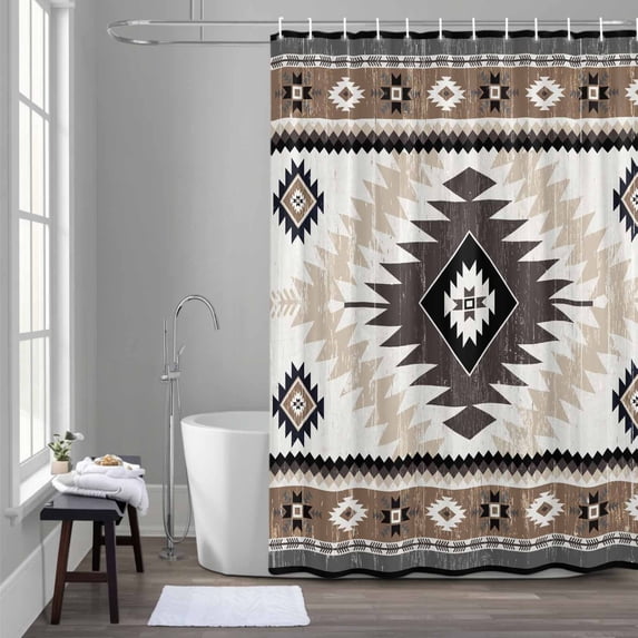 Vintage Aztec Shower Curtain for Bathroom Decor, Ethnic Tribal Style Brown Mottled Geometric Waterproof Fabric Shower Curtain, 54"x78" Set with 12 Hooks