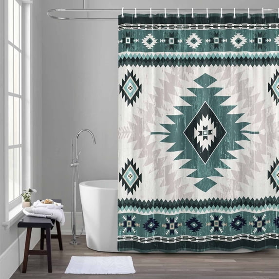 Vintage Aztec Shower Curtain for Bathroom Decor, Ethnic Tribal Style Turquoise Mottled Geometric Waterproof Fabric Shower Curtain, 72"x84" Set with 12 Hooks