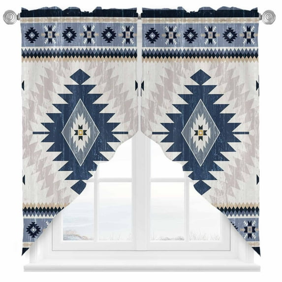Vintage Aztec Swag Curtain Valance for Windows, Ethnic Tribal Style Navy Blue Mottled Geometric Window Treatments Short Swag Topper for Kitchen Windows Bathroom Bedroom, 36"x63"