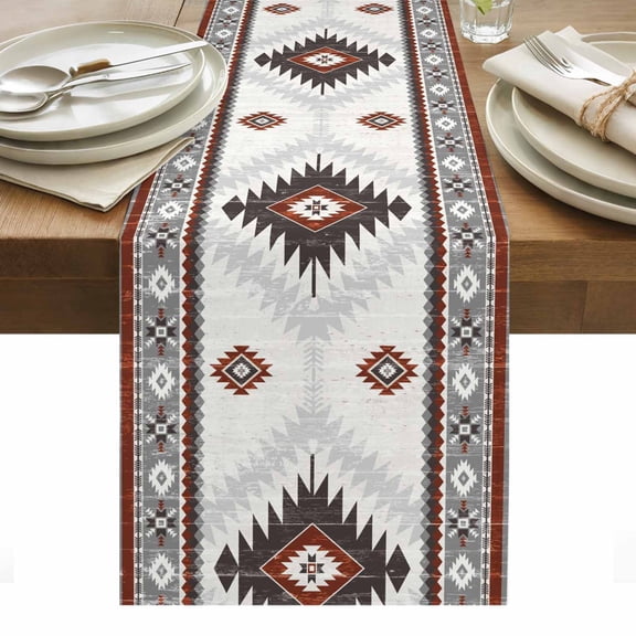 Vintage Aztec Table Runner 13 x 36 Inch, Ethnic Tribal Style Red Grey Mottled Geometric Washable Cotton Linen Dining Table Runner Tabletop Decorations for Restaurant Home Kitchen Party