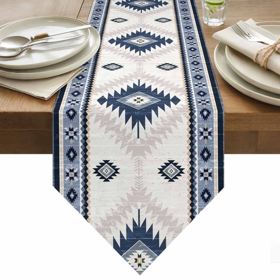 Vintage Aztec Table Runner 36 Inches Long Ethnic Tribal Style Navy Blue Mottled Geometric Table Runners for Dining Room Tabletop Dresser Scarf Home Party Banquet Wedding Holiday Decoration