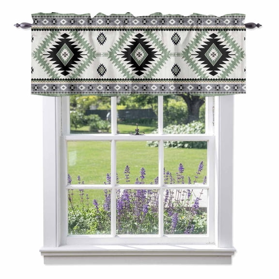 Vintage Aztec Valances for Windows, Ethnic Tribal Style Green Grey Mottled Geometric Valance Window Treatment Rod Pocket Short Curtains Valances for Kitchen Bathroom 42"W x 12"L
