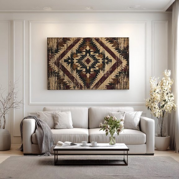 Vintage Aztec Wall Art Burgundy Brown Southwestern Decor Rustic Western Landscape