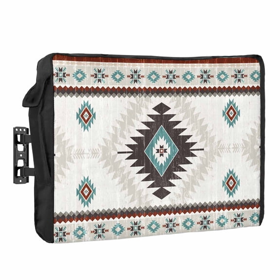 Vintage Aztec Waterproof Outdoor TV Cover, Ethnic Tribal Style Teal Red Mottled Geometric Outside Weatherproof TV Enclosures for 80 to 85 Inch LCD Television Shield Flat Screen Protectors