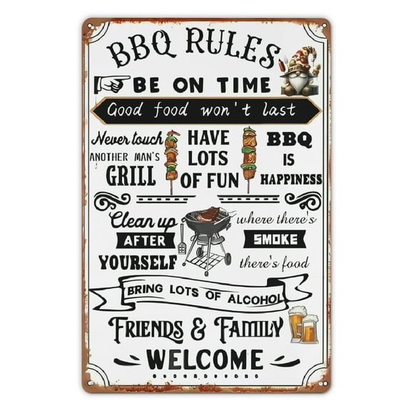 Vintage BBQ Rules Metal Sign, 8x12 Inch - Wall Decor for Home, Patio, Grill Area, and Flat Roof, Ideal for Coffee Shops and Restaurants, Yard, Halloween Accessories