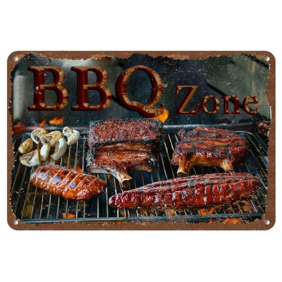 Vintage BBQ Zone Metal Tin Sign - Gourmet Food Themed Decorative Plaque for Outdoor Wall Hanging, Multipurpose Rustic Poster for Patio, Restaurant, Wall Art, Retro Gift
