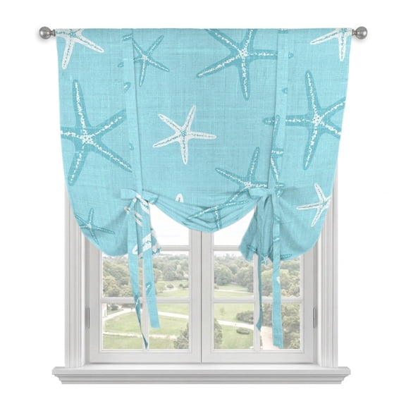 Vintage BabyBlue Starfish Tie Up Curtains for Kitchen Windows,Adjustable Rod Pocket Valance 54 Inch Long, Summer Coastal Beach Marine Window Treatment Balloon Roman Blind Shade, 42" x 54"