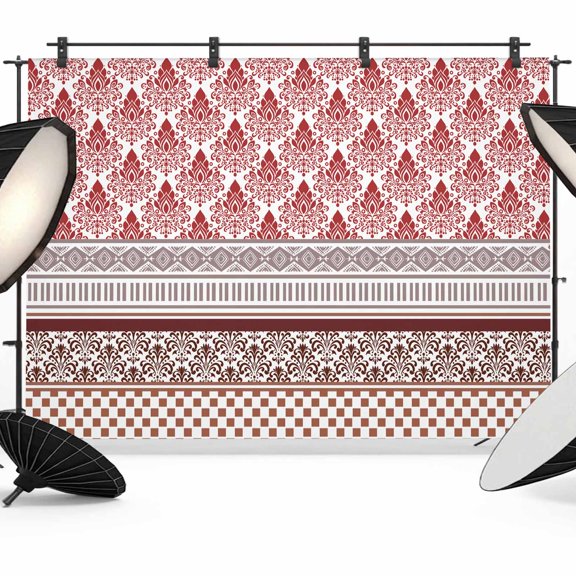 Vintage Backdrop for Photography, Medieval Bohemian Red Geometric Stripes Photo Backdrop Portrait Background Party Banner Photo Backgrounds for Studio Booth Props, 7x5ft