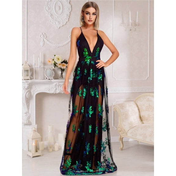 Vintage Backless V Neck Green Sequin Dress