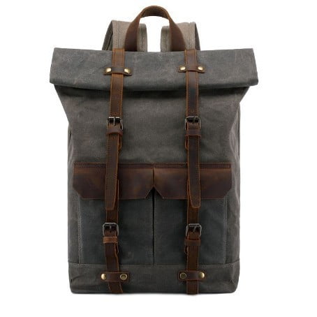 Vintage Backpack Horse Leather Casual Oil Wax Canvas,Gray