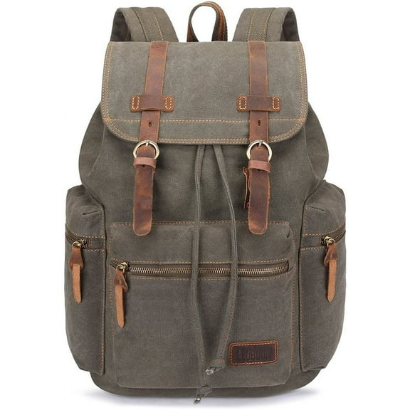 Vintage Backpack Leather Trim Casual Bookbag Men Women Laptop Travel Rucksack