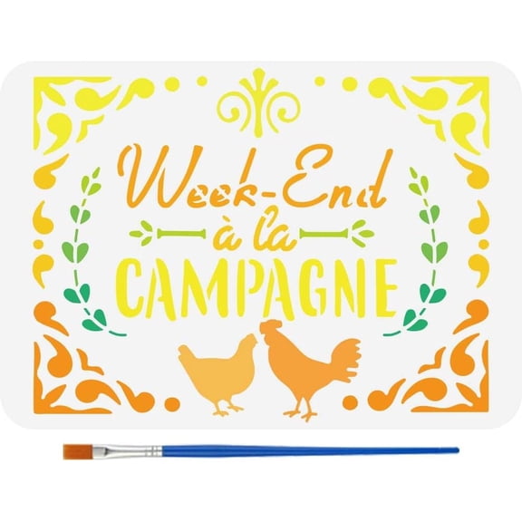 Vintage Badges Painting Stencil with 1 Pc Plastic Paint Brush 8.3x11.7inch Reusable Week-end la Campagne Stencil Vintage Symbol Template