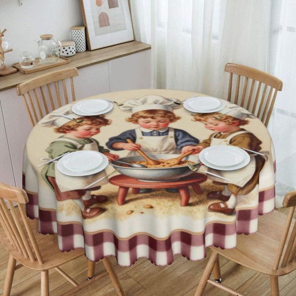 Vintage Baker Chef Border Frame Round Tablecloth Waterproof Oil-Proof Plastic Table Cloth Stain-Resistant Wipeable 60" for Camping, Dining, Indoor and Outdoor