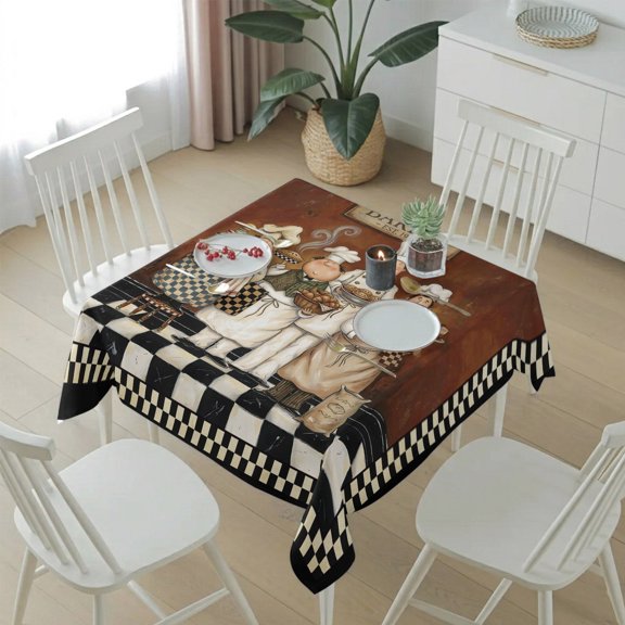 Vintage Bakery Chefs Table Cloth 54x54in, Waterproof Square Tablecloth Wipeable Tablecloths Checkered Background Table Covers for Dining Tables Party Indoor Outdoor
