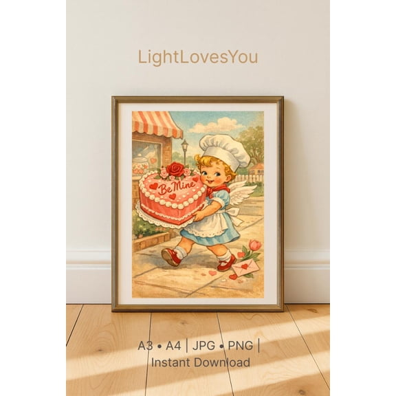 Vintage Bakery Poster, Cupid and Cake Art Print, Retro Kitchen Wall Decor, Romantic Anniversary , Coquette Room Decor, Unframed Paper Print