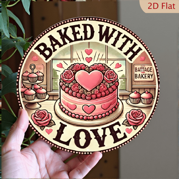 Vintage Bakery Wall Art, Baked With Love Round Aluminum Metal Sign, Retro Pink Cake and Rose Floral Decor for Kitchen or Cafe, 8x8 Inch Decorative Plaque