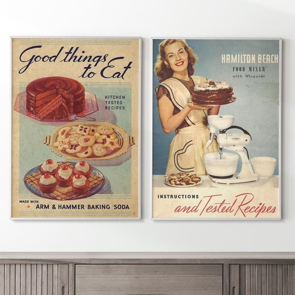 Vintage Baking Recipe Book Cover Art Print Retro Kitchen Ideas Rustic Dining Room Print, Set 2, Poster Only