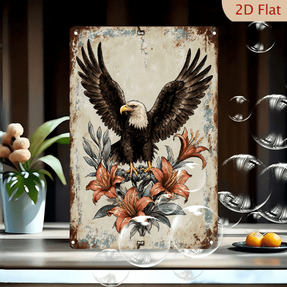 Vintage Bald Eagle with Orange Lilies on Rusted Metal Background, 8x12 Inch Weathered Blue and Beige Wall Art Decor, Classic Tattoo Style Rustic Farmhouse Home Decoration