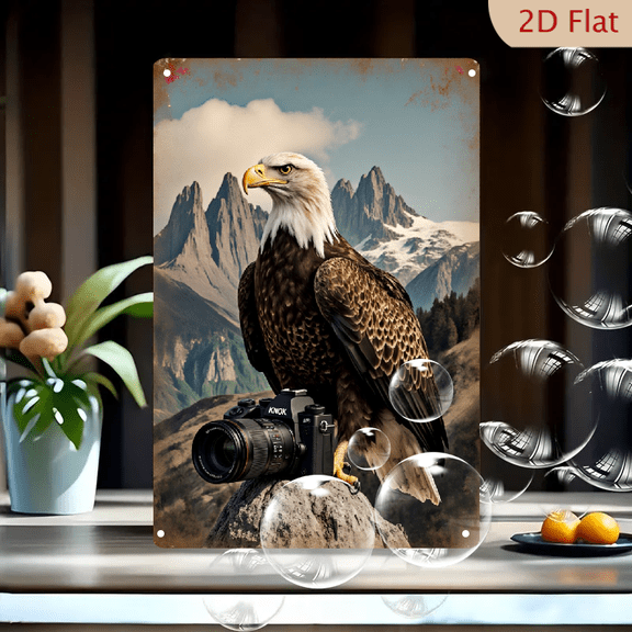 Vintage Bald Eagle on Rocky Mountain with Canon Camera, 8x12 inch Metal Wall Art Print, Retro Wildlife Photography Decor for Home Office