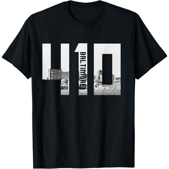 Vintage Baltimore Maryland 410 Area Code Skyline T-ShirtMen and women, Black T-shirt, size: Extra large